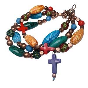 Multicolored Speckled Glass Beaded 3 Tier Cross Copper Tone Vintage Bracelet